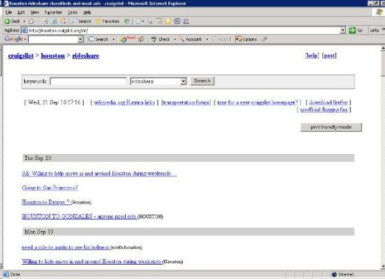 Houston's Craigslist site lists ride shares available out of town.